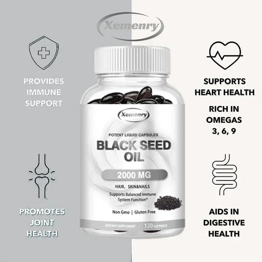 Black Seed Oil 2000 mg Capsules — Nourish Hair Growth, Skin & Nails, Support Immunity & Daily Vitality (60 / 120 Capsules)