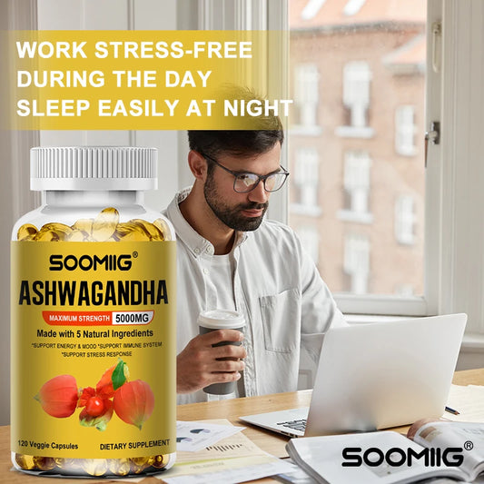Ashwagandha Root Extract Capsules — Mood & Stress Support with Cognitive & Immune Wellness (5000 mg, Vegetarian, Unisex, US Origin)
