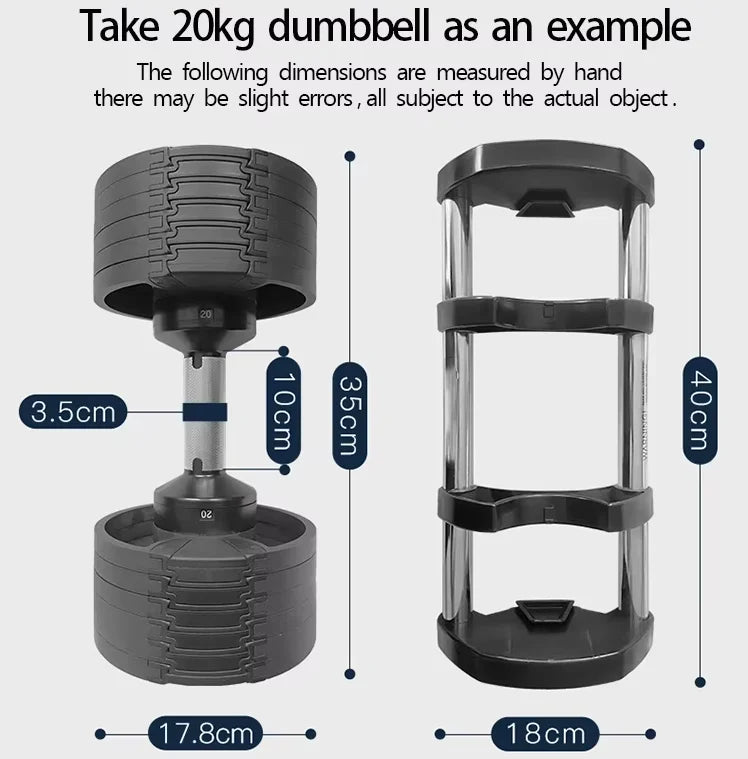 Adjustable Weight Lifting Dumbbell Set — 20 kg / 44 lbs to 40.5 kg / 90 lbs Rubber & Cast Iron Electroplated Design for Full-Body Strength Training