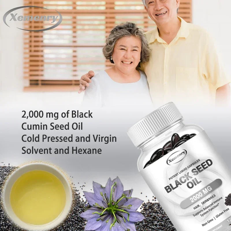 Black Seed Oil 2000 mg Capsules — Nourish Hair Growth, Skin & Nails, Support Immunity & Daily Vitality (60 / 120 Capsules)