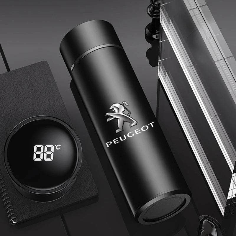 Smart Thermos Bottle — Stainless Steel Digital Temperature Display Cup with Peugeot Logo (Vacuum Insulated Hot & Cold Flask, 500 ml)
