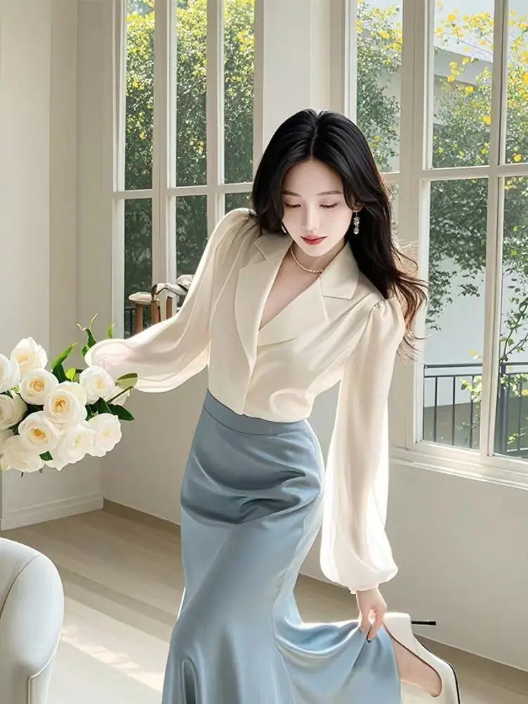 Spring/Summer High-End Temperament Two-Piece Set — Elegant Notched Shirt & Slim-Fit Flowing Skirt (Office Lady Style)