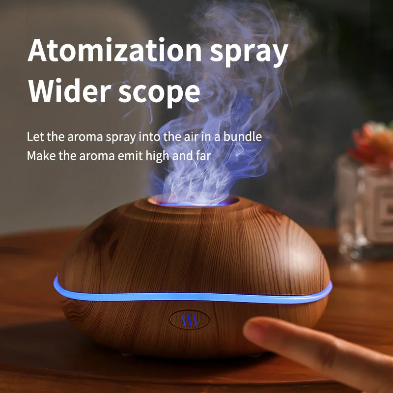 HLCOME Wood-Grain Ultrasonic Aroma Diffuser — 200 ml Essential Oil Humidifier with 7-Color LED Lights & Remote Control for Sleep and Stress Relief