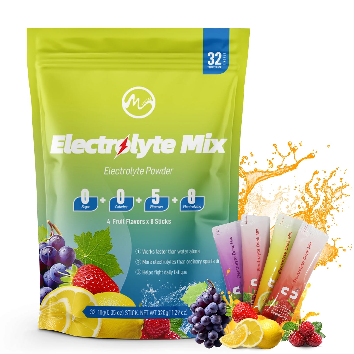 Electrolytes Mix Packets — Sugar-Free Hydration with 8 Electrolytes & 5 Vitamins (32 Sticks, Unisex, US Origin)