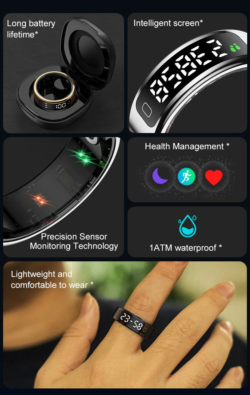 R11C Smart Ring — LED Display Wellness Tracker with Sleep, Heart Rate & Activity Monitoring (Stainless Steel, 1ATM Waterproof)