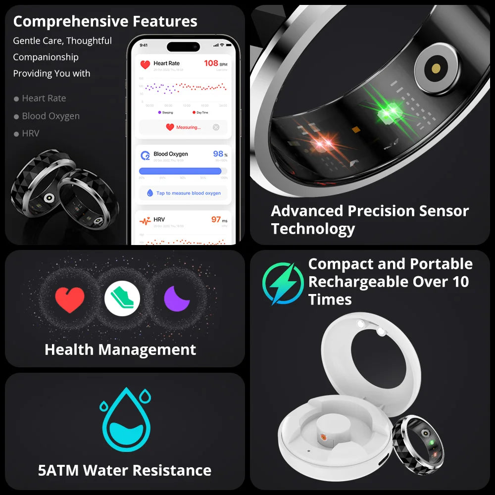 COLMI R11 Smart Ring — Wellness Tracker & Fidget Spinner Ring with Sleep Monitor, Stress Tracking & Charging Case (5ATM Waterproof)