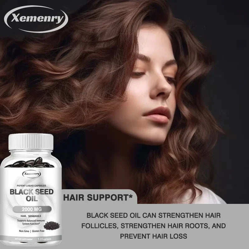 Black Seed Oil 2000 mg Capsules — Nourish Hair Growth, Skin & Nails, Support Immunity & Daily Vitality (60 / 120 Capsules)