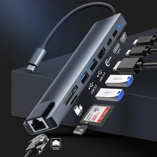 Aluminum USB 3.0 Laptop Docking Hub – PD Fast Charge, RJ45 Ethernet, HDMI, SD/TF Card Reader & Type-C Splitter