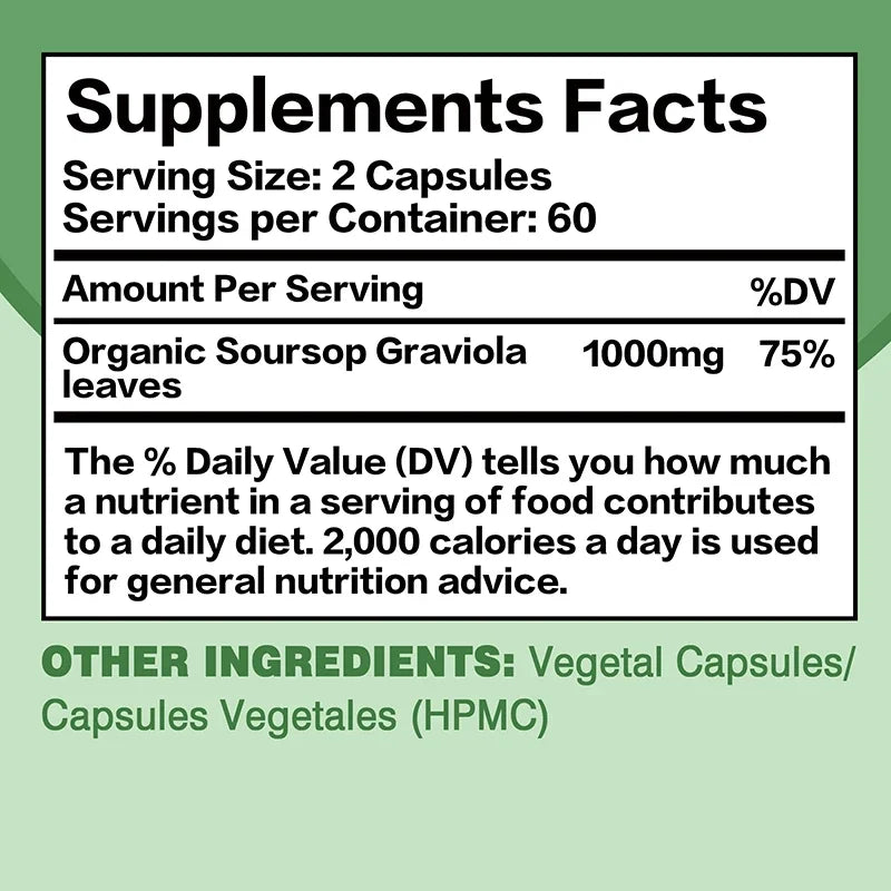 Premium Organic Soursop (Graviola) Capsules — 120 Total, Mood & Stress Support (US Origin, Herbal Leaves)