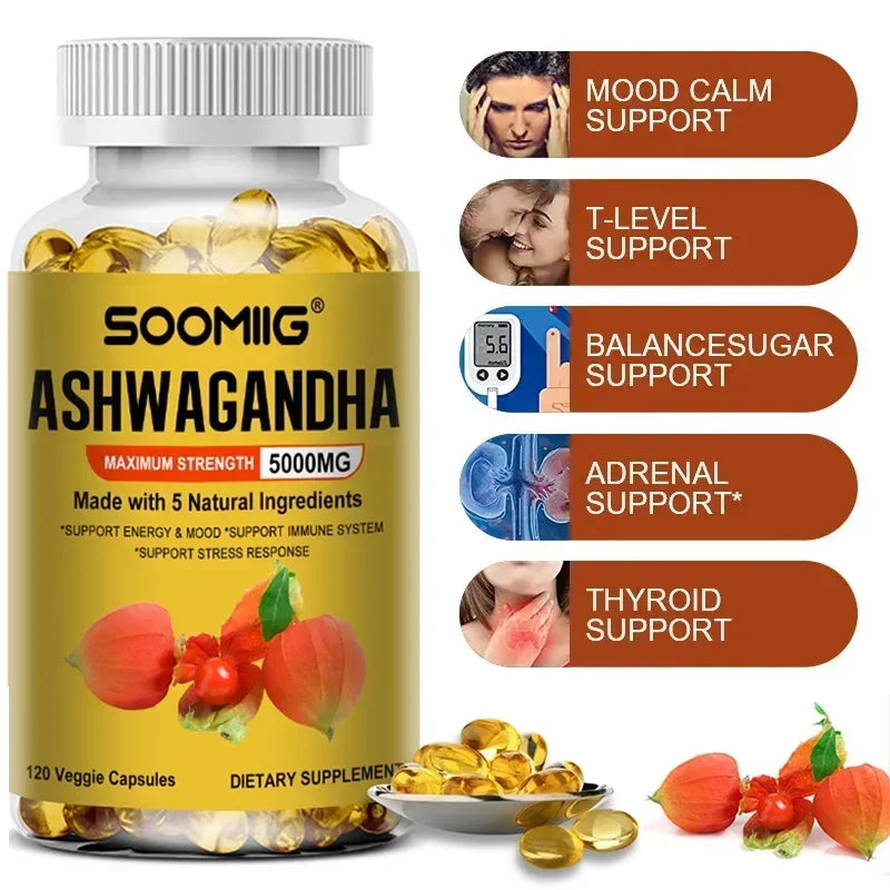 Ashwagandha Root Extract Capsules — Mood & Stress Support with Cognitive & Immune Wellness (5000 mg, Vegetarian, Unisex, US Origin)
