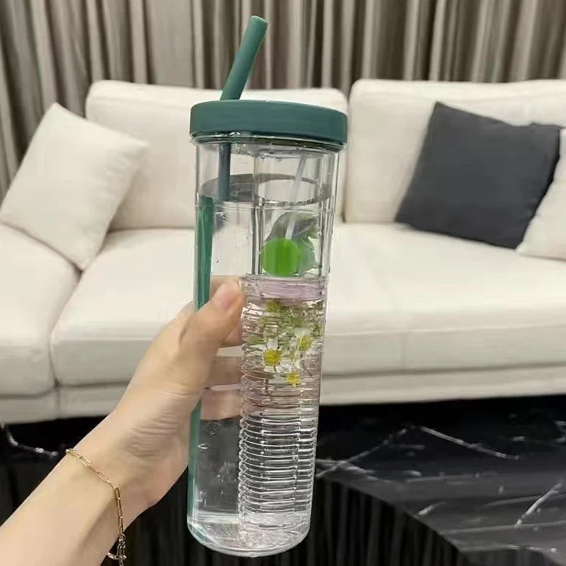 Portable Plastic Water Bottle with Fruit Infuser & Straw