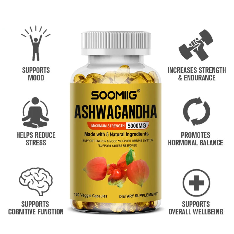 Ashwagandha Root Extract Capsules — Mood & Stress Support with Cognitive & Immune Wellness (5000 mg, Vegetarian, Unisex, US Origin)