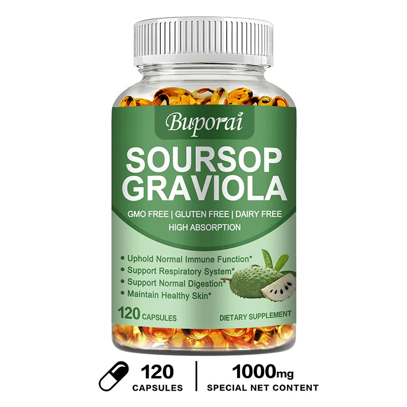 Premium Organic Soursop (Graviola) Capsules — 120 Total, Mood & Stress Support (US Origin, Herbal Leaves)