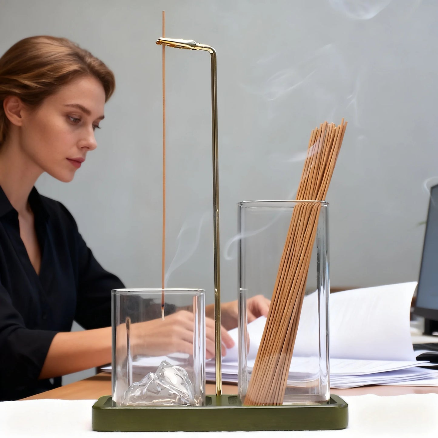 Wooden Incense Holder with Removable Glass Ash Catcher — Mess-Free Incense Burner for Meditation, Yoga & Spa Rituals