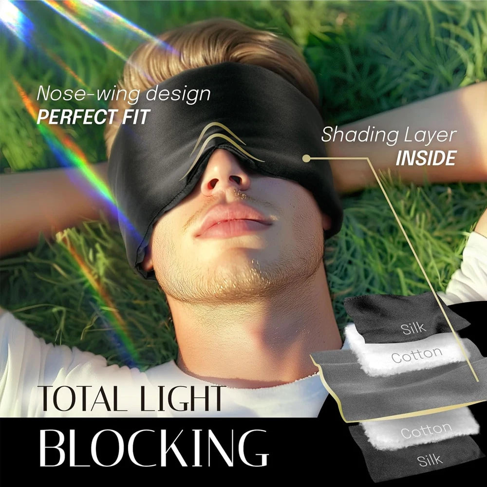 Mulberry Silk Sleep Mask — Pressureless Light-Blocking Eyeshade for Deep Sleep, Anti-Wrinkle Eye Care & Relaxation (Adjustable Wide Ear Cover Design)