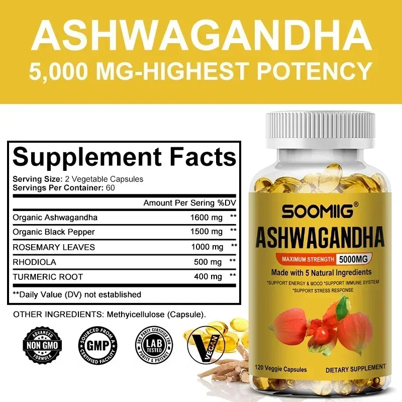 Ashwagandha Root Extract Capsules — Mood & Stress Support with Cognitive & Immune Wellness (5000 mg, Vegetarian, Unisex, US Origin)