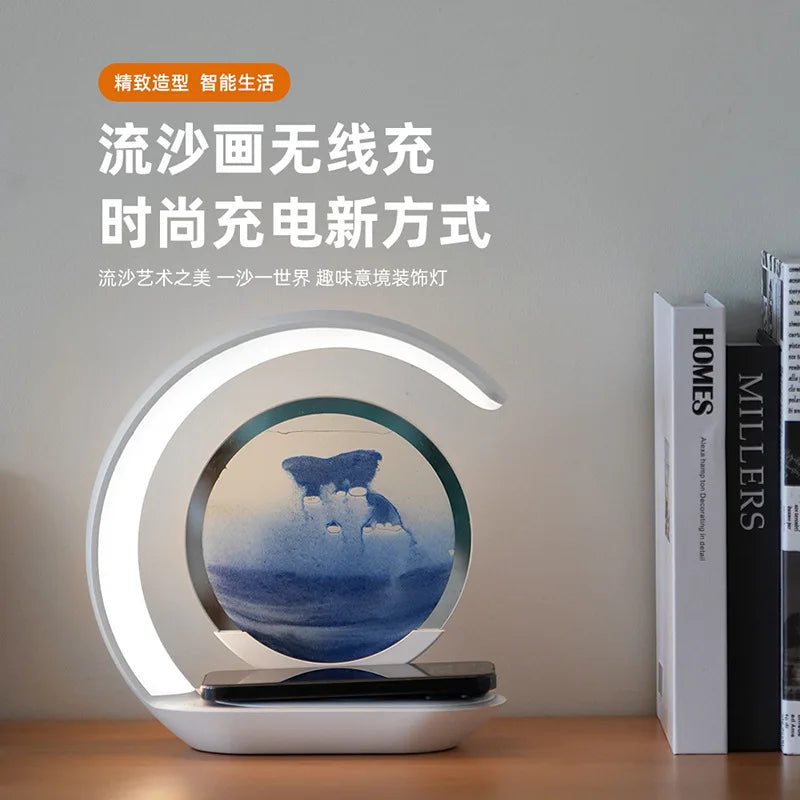 3D Quicksand Desk Lamp — LED Night Light with Wireless Charging & USB Power | Atmosphere Hourglass Art Décor