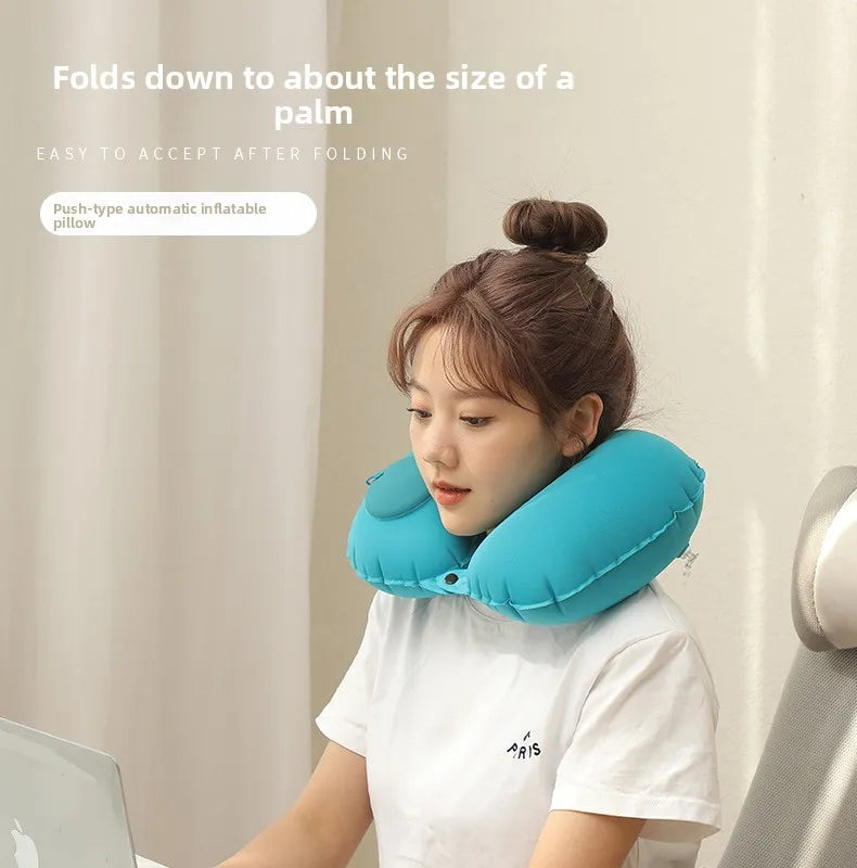 Press Inflatable U-Shaped Neck Pillow — Portable Travel Comfort for Train, Airplane & Long-Distance Journeys (Foldable, Lightweight)