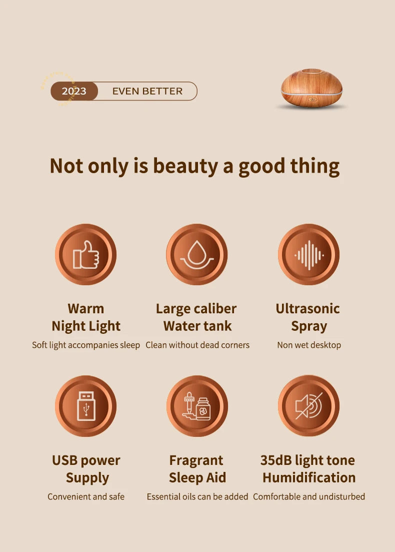 HLCOME Wood-Grain Ultrasonic Aroma Diffuser — 200 ml Essential Oil Humidifier with 7-Color LED Lights & Remote Control for Sleep and Stress Relief