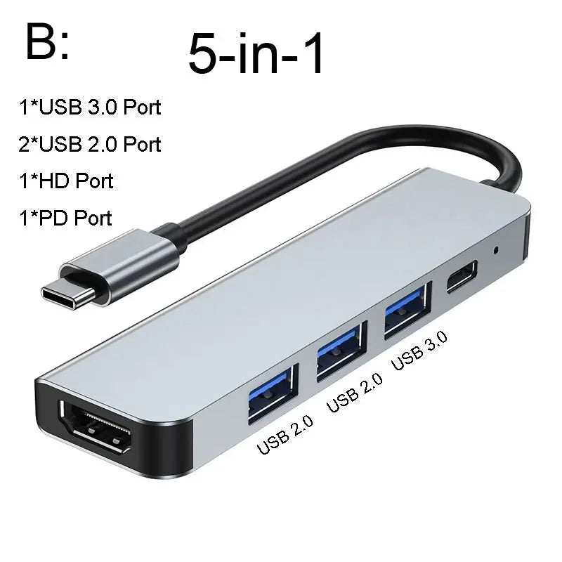 Aluminum USB 3.0 Laptop Docking Hub – PD Fast Charge, RJ45 Ethernet, HDMI, SD/TF Card Reader & Type-C Splitter
