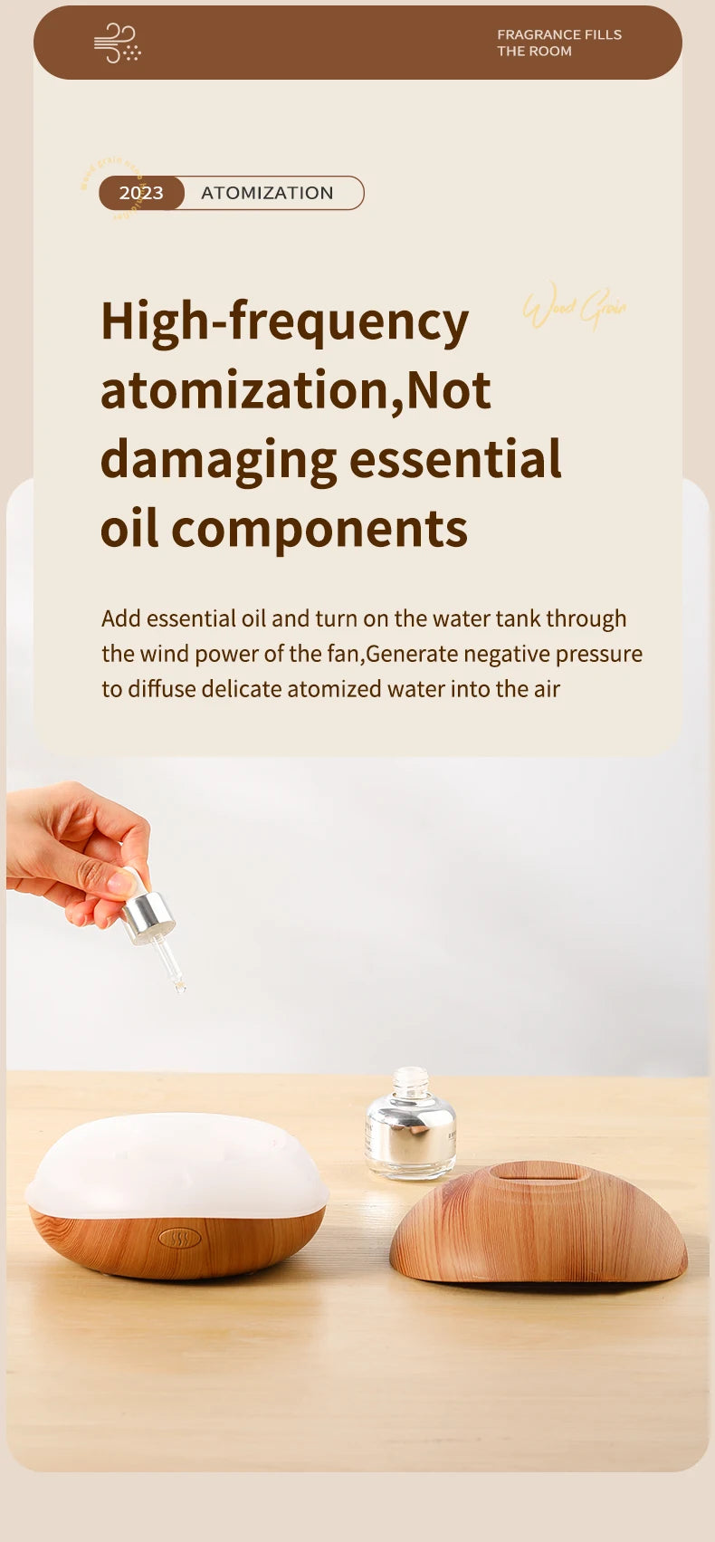 HLCOME Wood-Grain Ultrasonic Aroma Diffuser — 200 ml Essential Oil Humidifier with 7-Color LED Lights & Remote Control for Sleep and Stress Relief