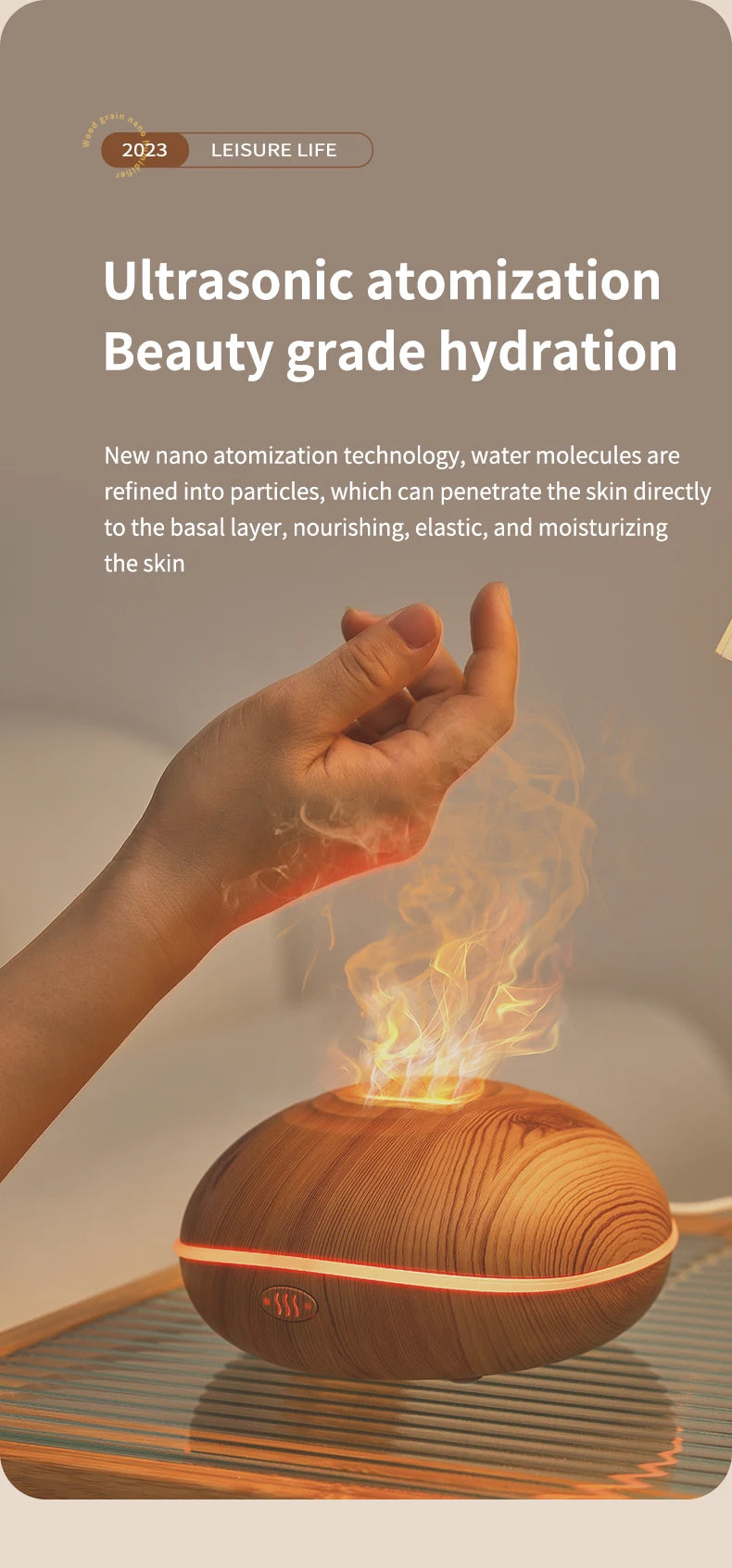 HLCOME Wood-Grain Ultrasonic Aroma Diffuser — 200 ml Essential Oil Humidifier with 7-Color LED Lights & Remote Control for Sleep and Stress Relief