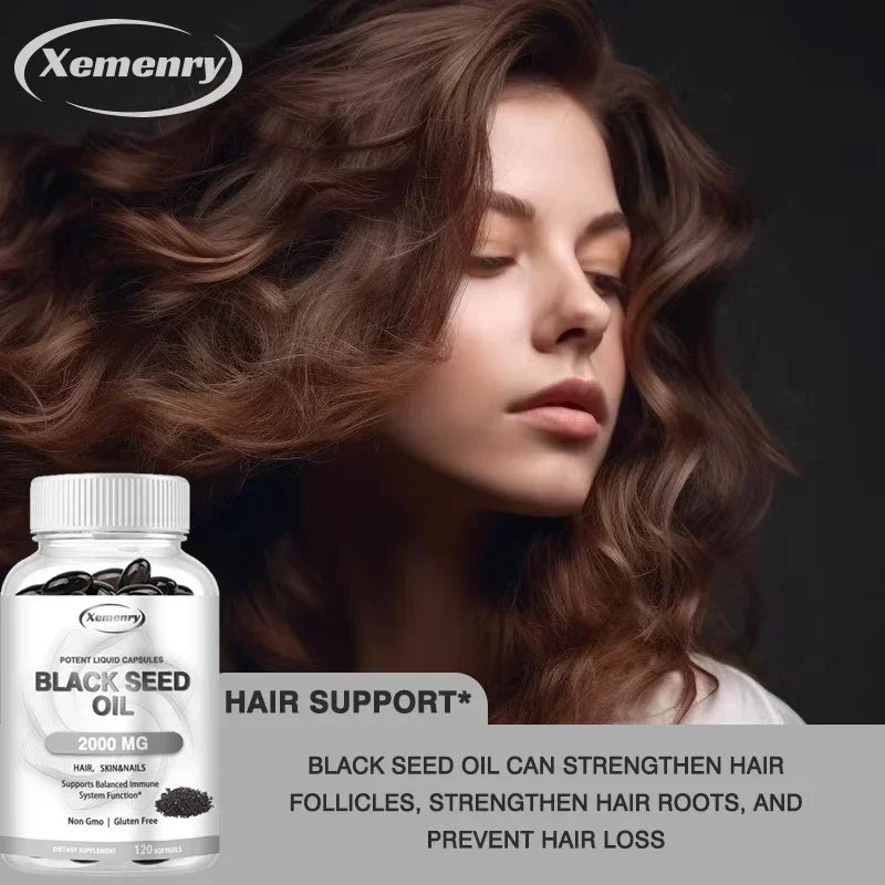 Black Seed Oil 2000 mg Capsules — Nourish Hair Growth, Skin & Nails, Support Immunity & Daily Vitality (60 / 120 Capsules)