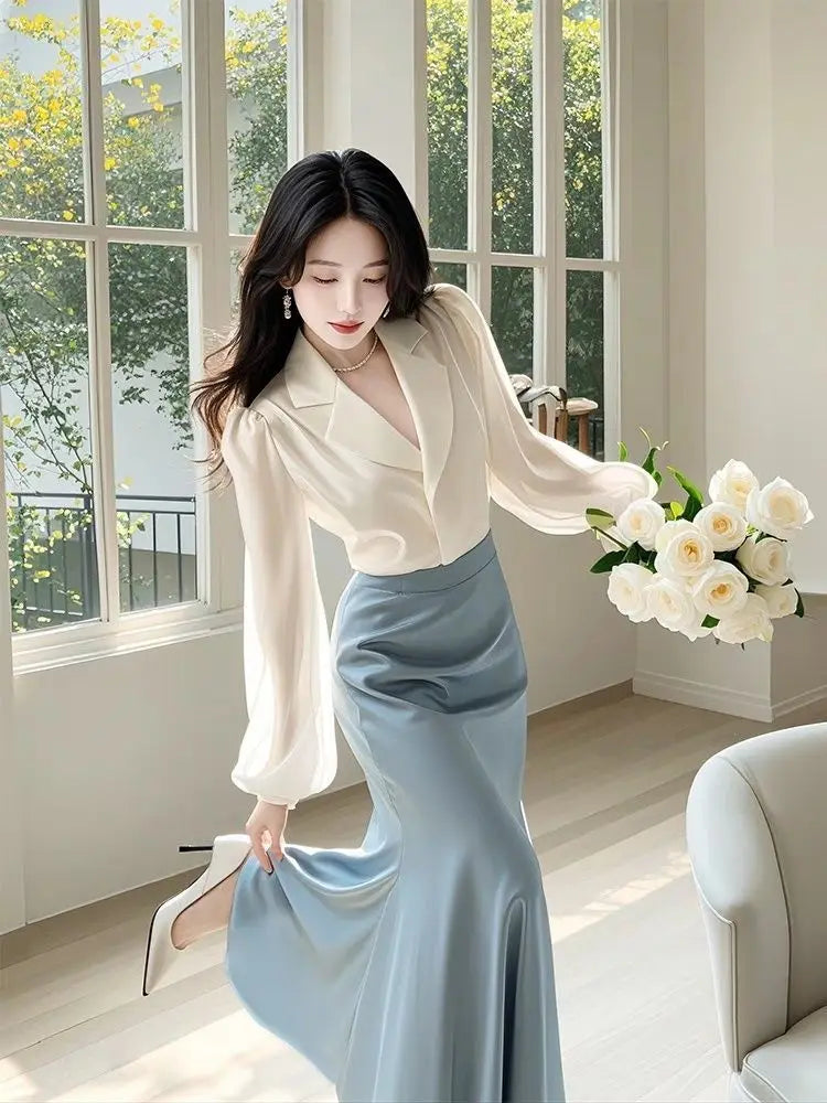 Spring/Summer High-End Temperament Two-Piece Set — Elegant Notched Shirt & Slim-Fit Flowing Skirt (Office Lady Style)
