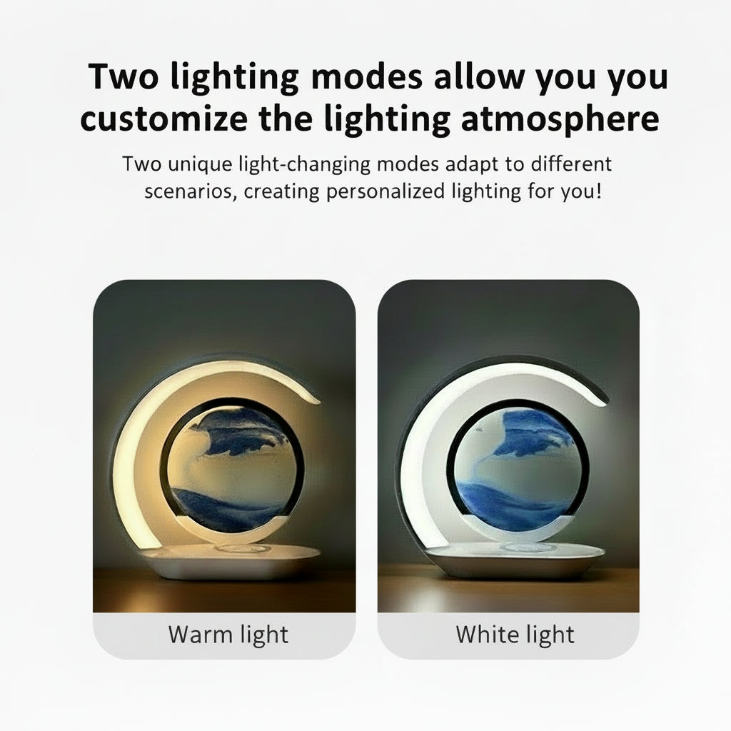 3D Quicksand Desk Lamp — LED Night Light with Wireless Charging & USB Power | Atmosphere Hourglass Art Décor