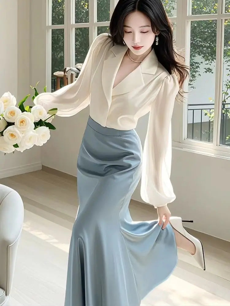 Spring/Summer High-End Temperament Two-Piece Set — Elegant Notched Shirt & Slim-Fit Flowing Skirt (Office Lady Style)
