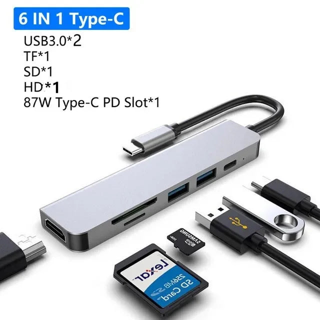 Aluminum USB 3.0 Laptop Docking Hub – PD Fast Charge, RJ45 Ethernet, HDMI, SD/TF Card Reader & Type-C Splitter