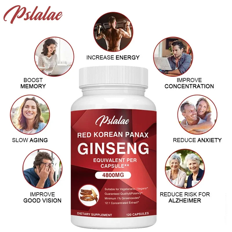 Premium Korean Red Ginseng Extract 4,800 mg — 120 Vegetarian Capsules (12:1 Concentrated, 2-Month Supply) Non-GMO, Non-GMO, Gluten-Free