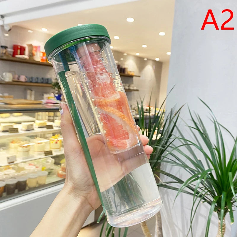 Portable Plastic Water Bottle with Fruit Infuser & Straw