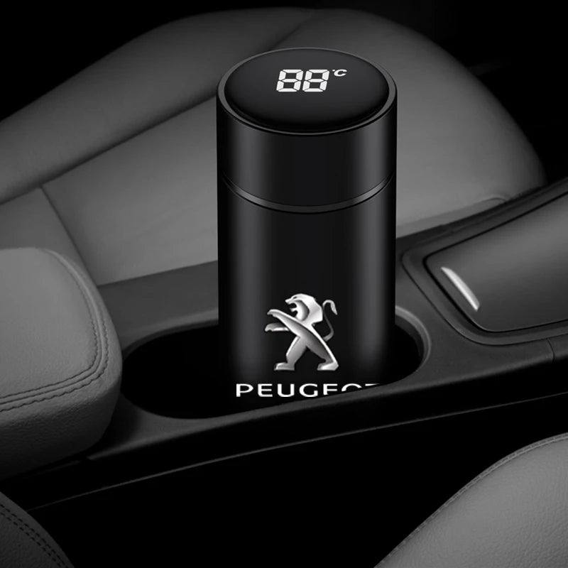 Smart Thermos Bottle — Stainless Steel Digital Temperature Display Cup with Peugeot Logo (Vacuum Insulated Hot & Cold Flask, 500 ml)