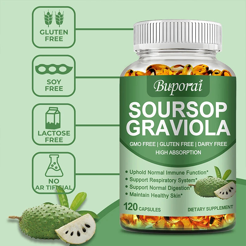 Premium Organic Soursop (Graviola) Capsules — 120 Total, Mood & Stress Support (US Origin, Herbal Leaves)