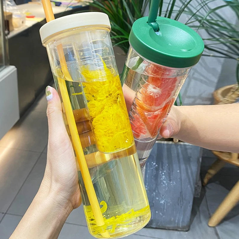 Portable Plastic Water Bottle with Fruit Infuser & Straw