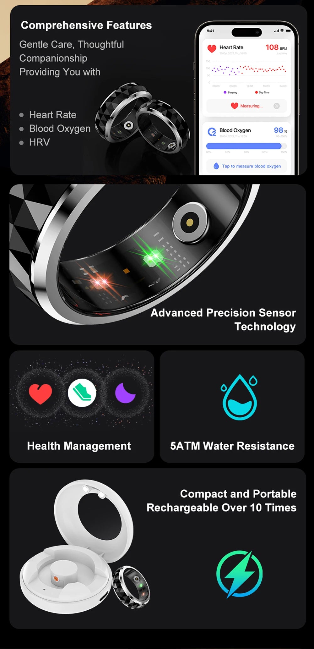 COLMI R11 Smart Ring — Wellness Tracker & Fidget Spinner Ring with Sleep Monitor, Stress Tracking & Charging Case (5ATM Waterproof)