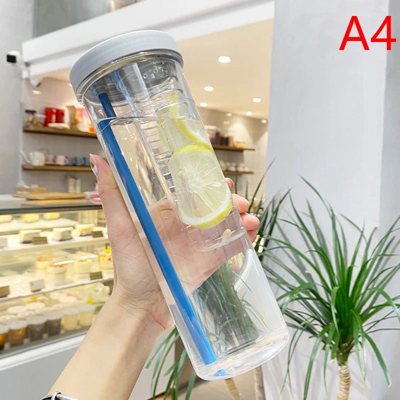 Portable Plastic Water Bottle with Fruit Infuser & Straw