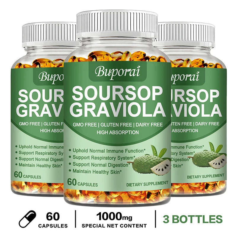 Premium Organic Soursop (Graviola) Capsules — 120 Total, Mood & Stress Support (US Origin, Herbal Leaves)