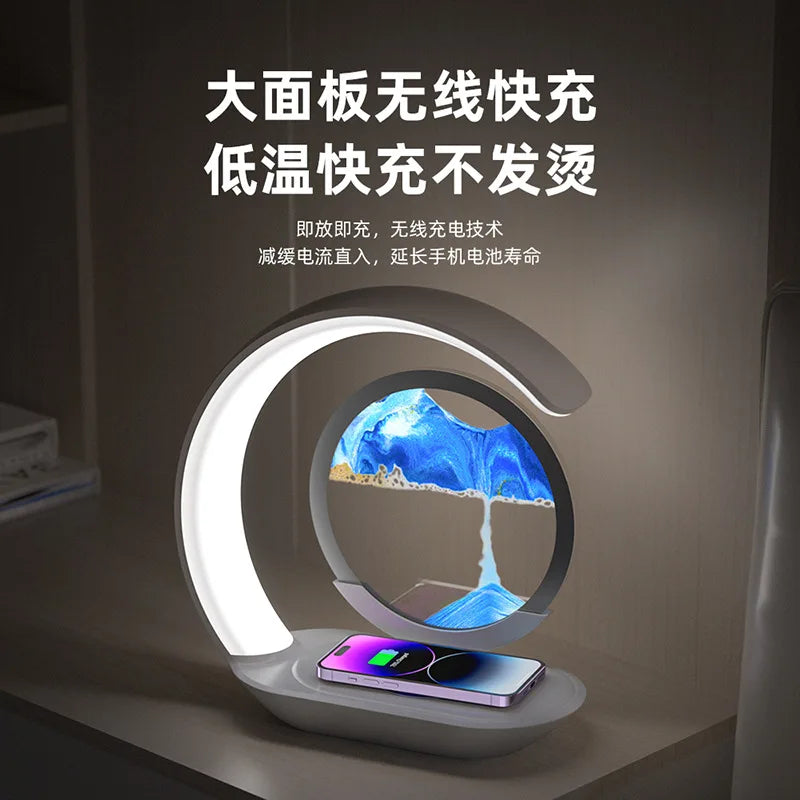 3D Quicksand Desk Lamp — LED Night Light with Wireless Charging & USB Power | Atmosphere Hourglass Art Décor