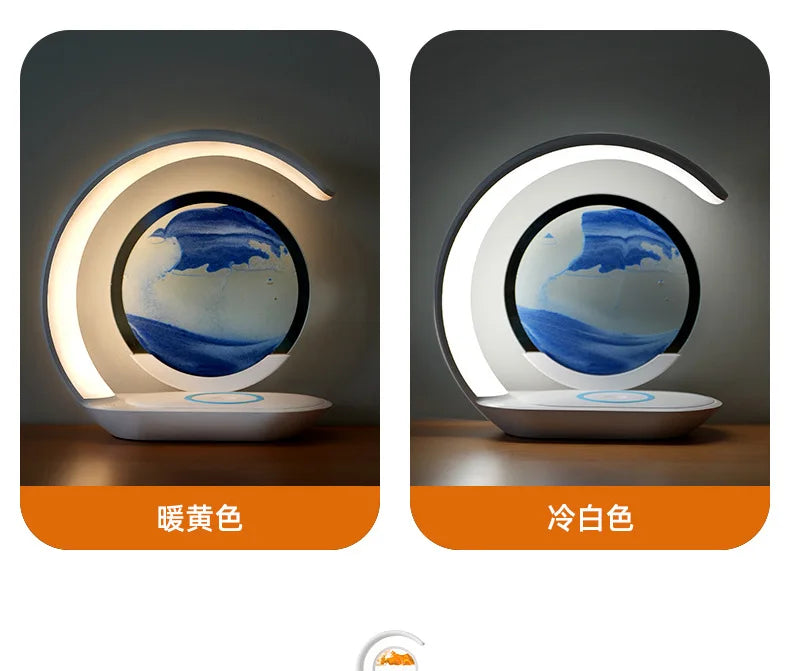 3D Quicksand Desk Lamp — LED Night Light with Wireless Charging & USB Power | Atmosphere Hourglass Art Décor