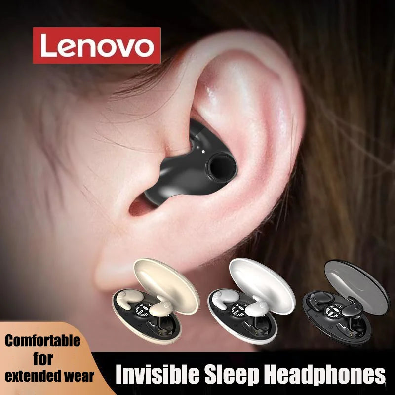 Lenovo Invisible Sleep Wireless Earbuds — Ultra-Compact Bluetooth 5.3 Headphones with Noise Reduction (Waterproof, Charging Case)