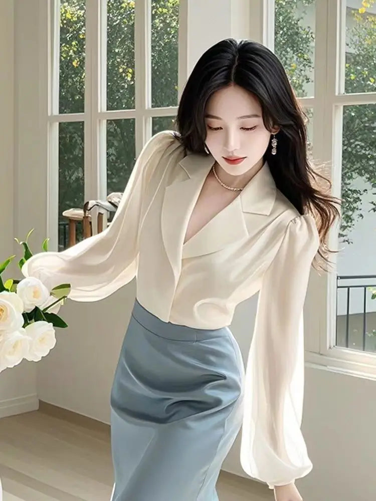 Spring/Summer High-End Temperament Two-Piece Set — Elegant Notched Shirt & Slim-Fit Flowing Skirt (Office Lady Style)