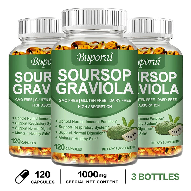Premium Organic Soursop (Graviola) Capsules — 120 Total, Mood & Stress Support (US Origin, Herbal Leaves)