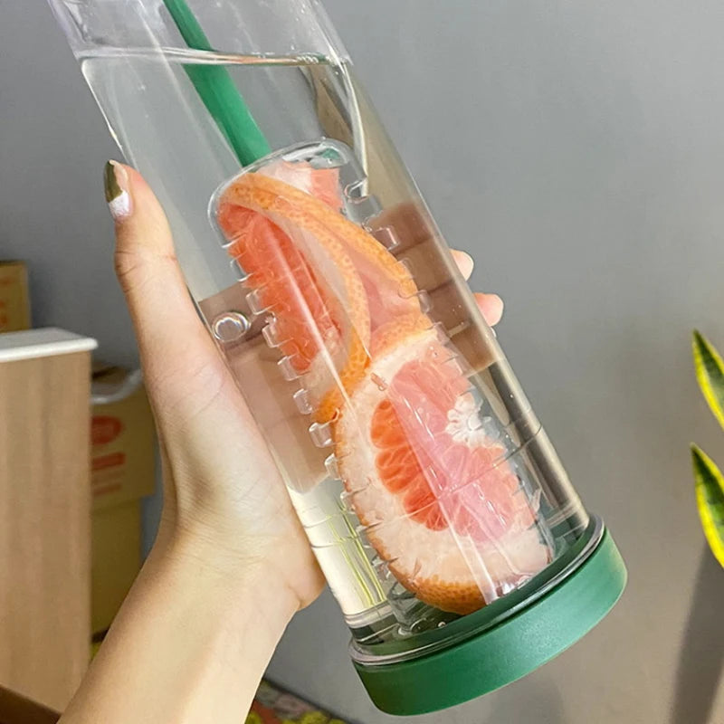 Portable Plastic Water Bottle with Fruit Infuser & Straw