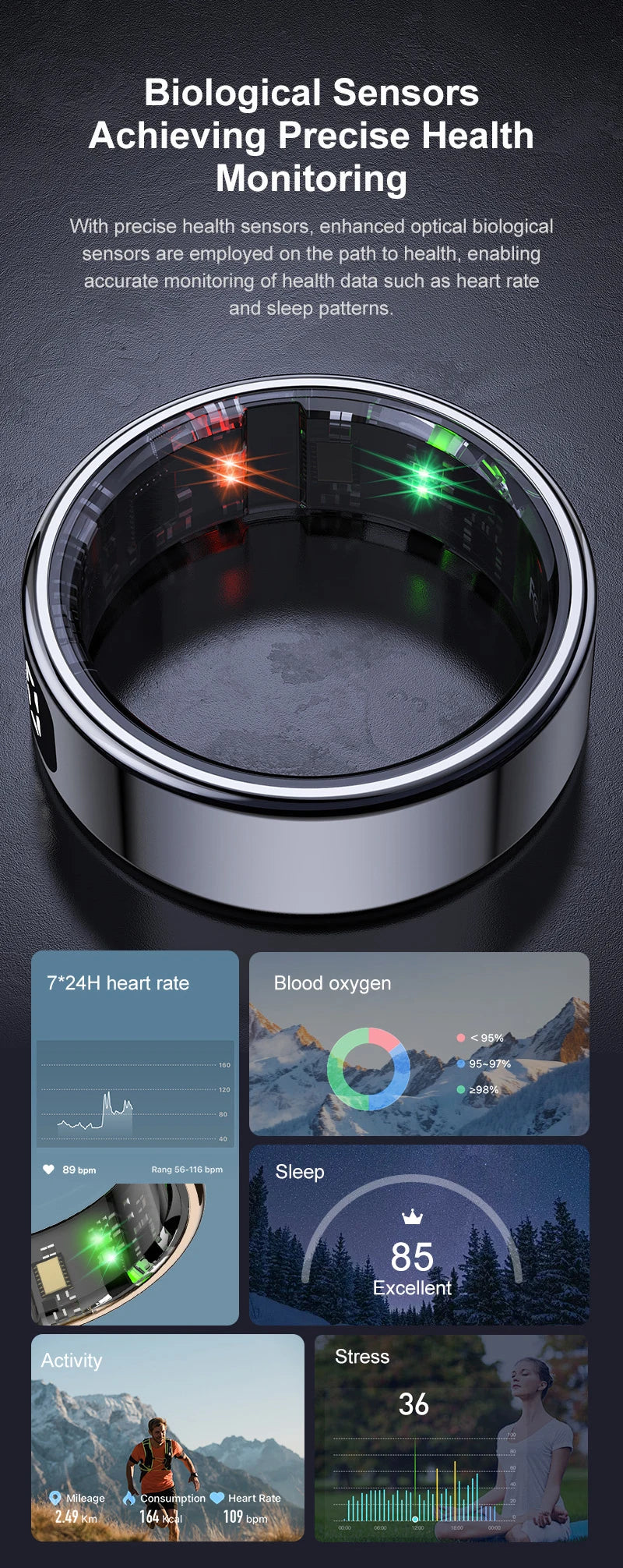 R11C Smart Ring — LED Display Wellness Tracker with Sleep, Heart Rate & Activity Monitoring (Stainless Steel, 1ATM Waterproof)