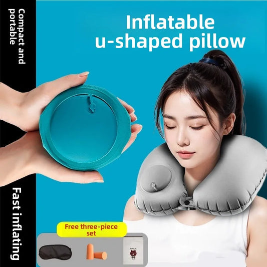 Press Inflatable U-Shaped Neck Pillow — Portable Travel Comfort for Train, Airplane & Long-Distance Journeys (Foldable, Lightweight)