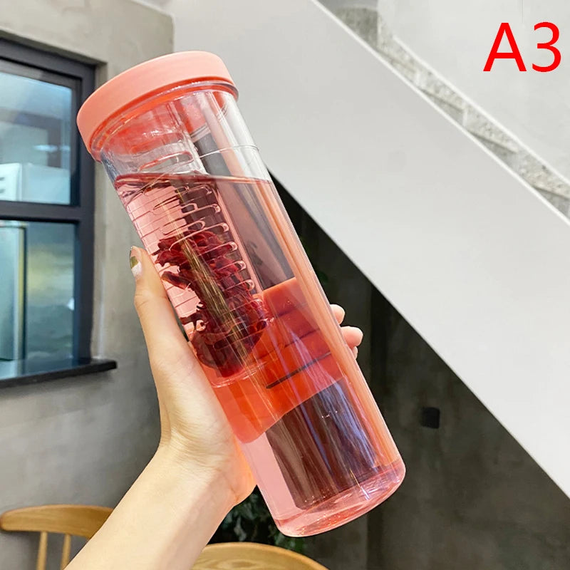 Portable Plastic Water Bottle with Fruit Infuser & Straw