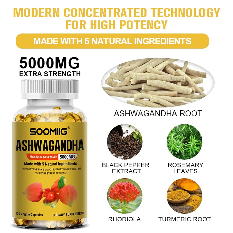 Ashwagandha Root Extract Capsules — Mood & Stress Support with Cognitive & Immune Wellness (5000 mg, Vegetarian, Unisex, US Origin)