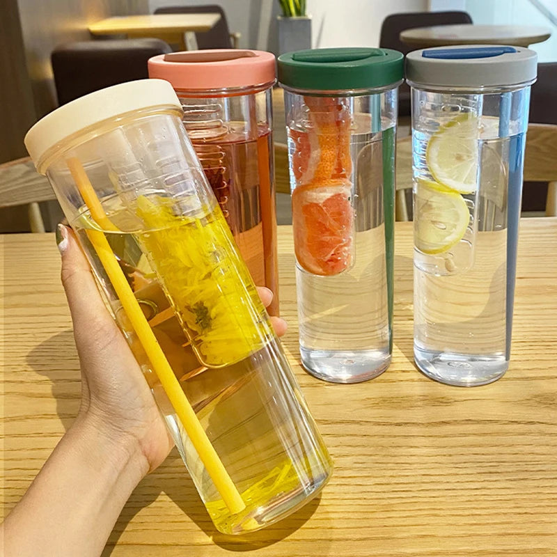 Portable Plastic Water Bottle with Fruit Infuser & Straw